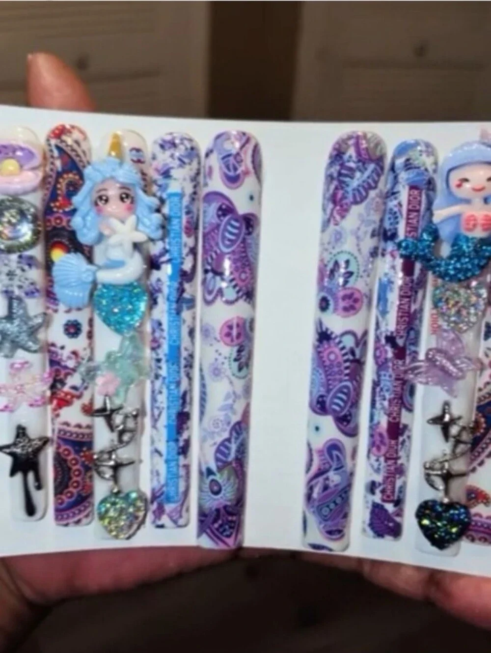 Hand CRAFTED Ladies Mermaid Press On  Nail  Set - Purple & Blue Paisley Sz Large